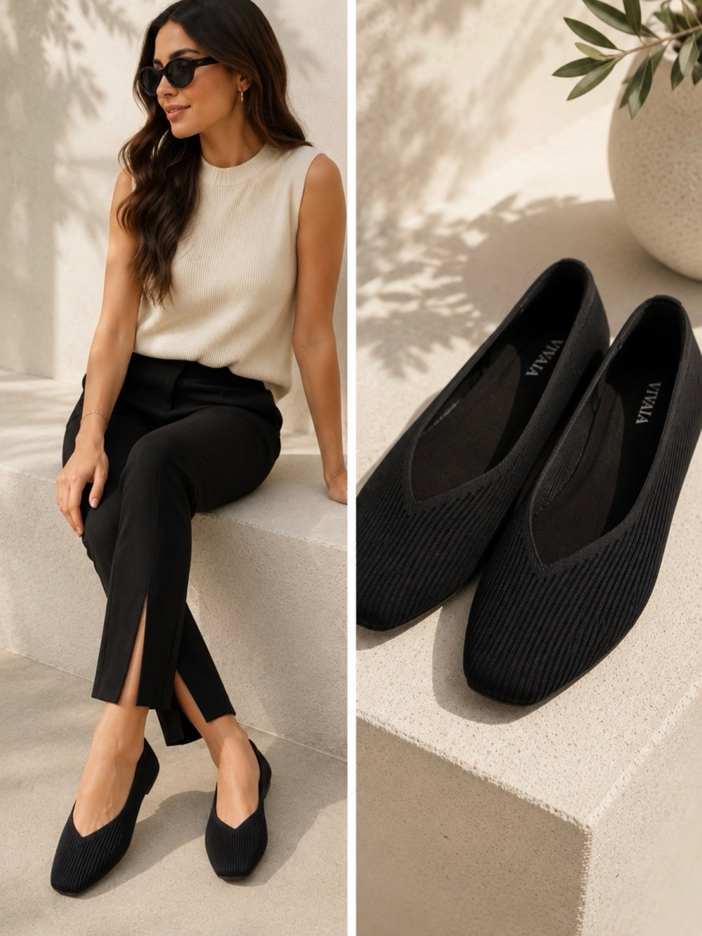 Vivaia Black Margot 2.0 Square Toe V Cut Knit Ballet Flat 10